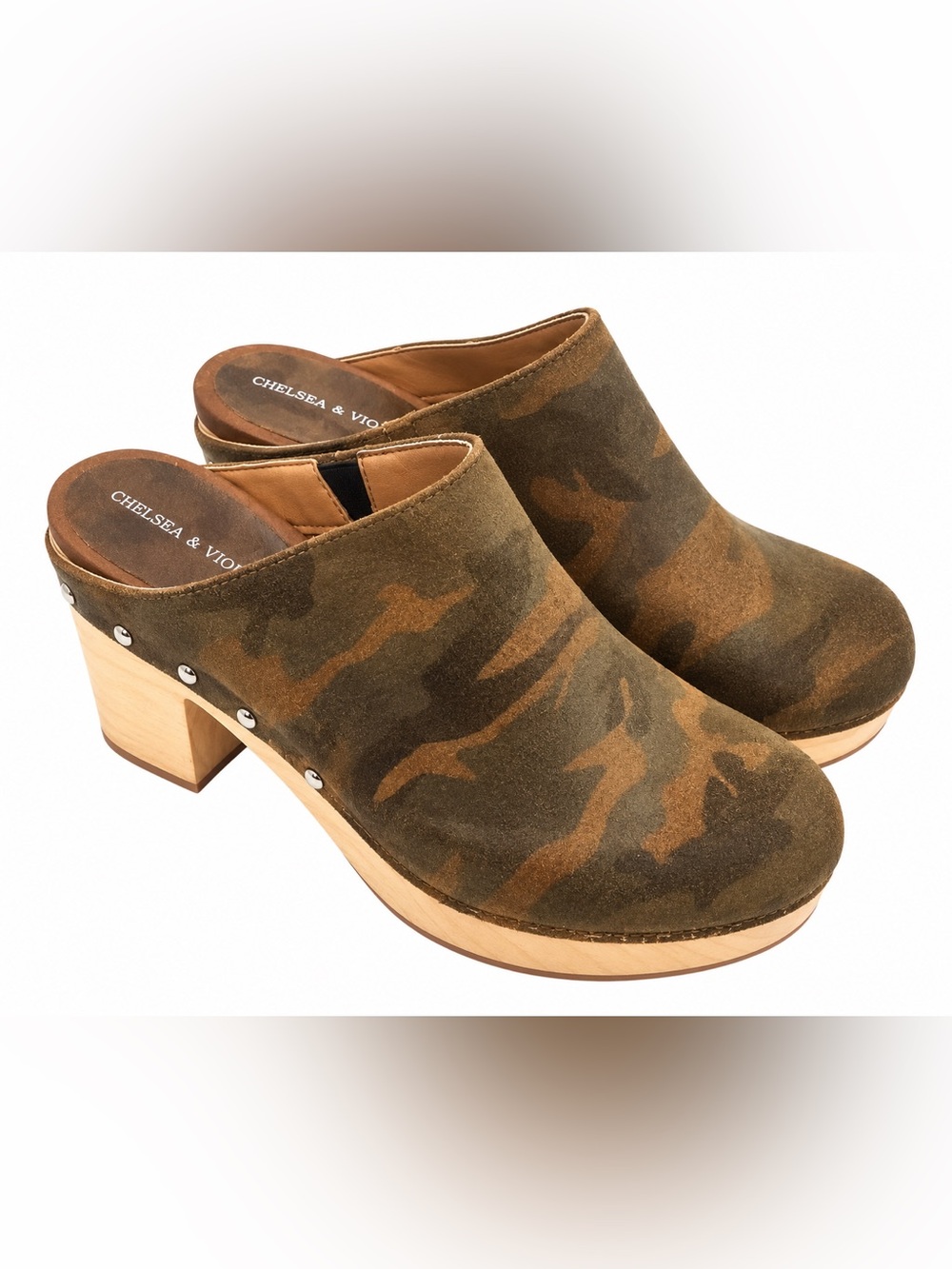 Chelsea & Violet Camouflage Suede Clog Mules - Green/Brown New Leather 7